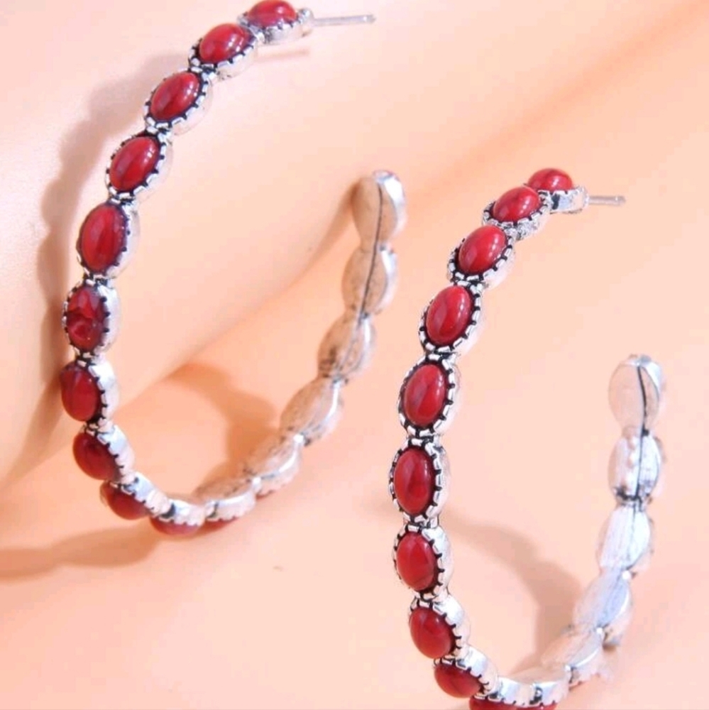 NEW Red Howlite Turquoise Stone Southwestern Boho Chic Elongated Hoop Earrings - Picture 3 of 7